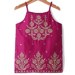 Pine Kids Woven Sleeveless Kurta Palazzo & Dupatta Set With Floral Embroidery & Sequin Detailing - Dark Pink