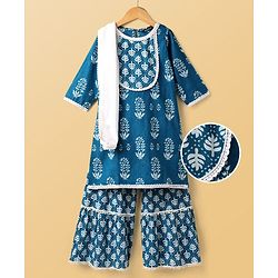 Pine Kids Cotton Woven Three Fourth Sleeves Kurti Palazzo Set with Dupatta & Floral Print - Navy Blue