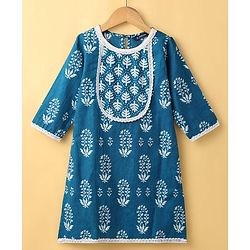 Pine Kids Cotton Woven Three Fourth Sleeves Kurti Palazzo Set with Dupatta & Floral Print - Navy Blue