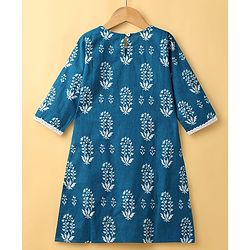 Pine Kids Cotton Woven Three Fourth Sleeves Kurti Palazzo Set with Dupatta & Floral Print - Navy Blue