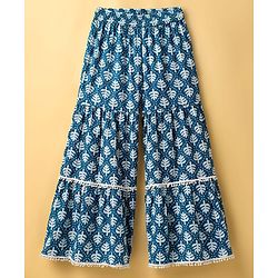 Pine Kids Cotton Woven Three Fourth Sleeves Kurti Palazzo Set with Dupatta & Floral Print - Navy Blue