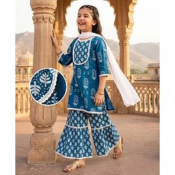 Pine Kids Cotton Woven Three Fourth Sleeves Kurti Palazzo Set with Dupatta & Floral Print - Navy Blue