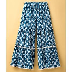 Pine Kids Cotton Woven Three Fourth Sleeves Kurti Palazzo Set with Dupatta & Floral Print - Navy Blue