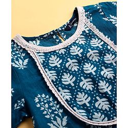 Pine Kids Cotton Woven Three Fourth Sleeves Kurti Palazzo Set with Dupatta & Floral Print - Navy Blue