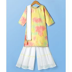 Pine Kids Woven Three Fourth Sleeves Tie & Dye Kurti Palazzo Set with Dupatta & Lace Detailing - Yellow
