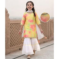 Pine Kids Woven Three Fourth Sleeves Tie & Dye Kurti Palazzo Set with Dupatta & Lace Detailing - Yellow