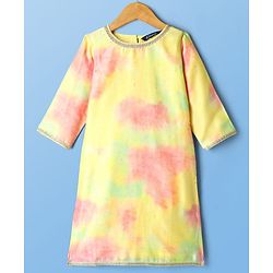 Pine Kids Woven Three Fourth Sleeves Tie & Dye Kurti Palazzo Set with Dupatta & Lace Detailing - Yellow