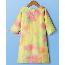 Pine Kids Woven Three Fourth Sleeves Tie & Dye Kurti Palazzo Set with Dupatta & Lace Detailing - Yellow
