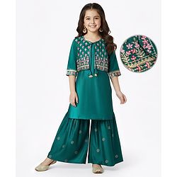 Pine Kids Woven Three Fourth Sleeves Kurta Gharara Set with Floral Embroidery & Glitter Print - Green