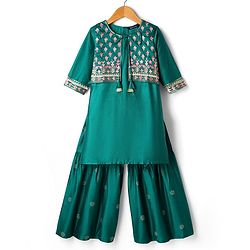 Pine Kids Woven Three Fourth Sleeves Kurta Gharara Set with Floral Embroidery & Glitter Print - Green