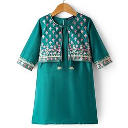Pine Kids Woven Three Fourth Sleeves Kurta Gharara Set with Floral Embroidery & Glitter Print - Green