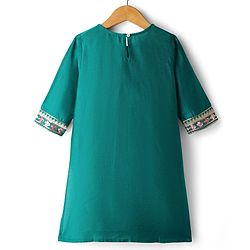 Pine Kids Woven Three Fourth Sleeves Kurta Gharara Set with Floral Embroidery & Glitter Print - Green
