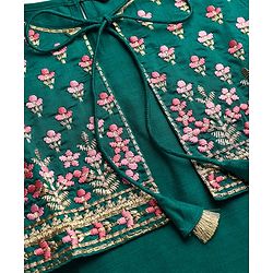 Pine Kids Woven Three Fourth Sleeves Kurta Gharara Set with Floral Embroidery & Glitter Print - Green