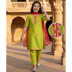 Pine Kids Woven Three Fourth Sleeves Kurta Palazzo Set with Dupatta Lace & Sequin Detailing - Green & Pink