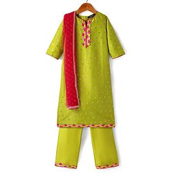 Pine Kids Woven Three Fourth Sleeves Kurta Palazzo Set with Dupatta Lace & Sequin Detailing - Green & Pink