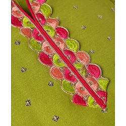Pine Kids Woven Three Fourth Sleeves Kurta Palazzo Set with Dupatta Lace & Sequin Detailing - Green & Pink