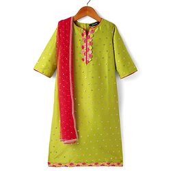 Pine Kids Woven Three Fourth Sleeves Kurta Palazzo Set with Dupatta Lace & Sequin Detailing - Green & Pink