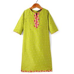 Pine Kids Woven Three Fourth Sleeves Kurta Palazzo Set with Dupatta Lace & Sequin Detailing - Green & Pink