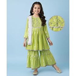 Pine Kids Woven Full Sleeves Kurta & Sharara Set With Dupatta With Lace Detailing - Yellow
