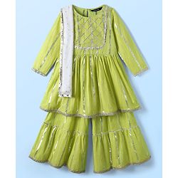 Pine Kids Woven Full Sleeves Kurta & Sharara Set With Dupatta With Lace Detailing - Yellow