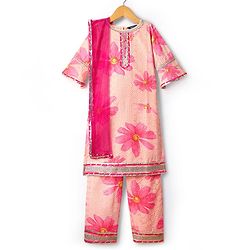 Pine Kids Woven Three Fourth Sleeves Floral Printed Kurta Churidar Set With Dupatta - Pink