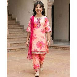 Pine Kids Woven Three Fourth Sleeves Floral Printed Kurta Churidar Set With Dupatta - Pink