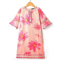 Pine Kids Woven Three Fourth Sleeves Floral Printed Kurta Churidar Set With Dupatta - Pink