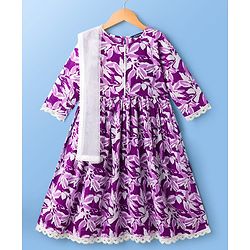 Pine Kids Cotton Woven Three Fourth Sleeves Floral Printed Kurta Salwar & Dupatta Set - Purple