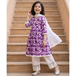 Pine Kids Cotton Woven Three Fourth Sleeves Floral Printed Kurta Salwar & Dupatta Set - Purple
