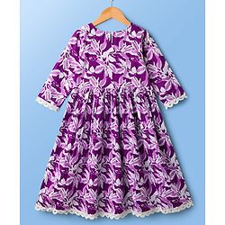 Pine Kids Cotton Woven Three Fourth Sleeves Floral Printed Kurta Salwar & Dupatta Set - Purple