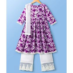 Pine Kids Cotton Woven Three Fourth Sleeves Floral Printed Kurta Salwar & Dupatta Set - Purple