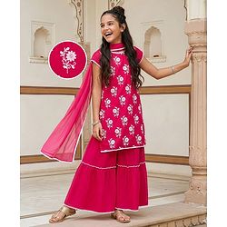 Pine Kids Woven Cap Sleeves Kurta Gharara & Dupatta Set With Floral Print - Red