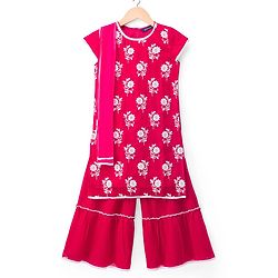 Pine Kids Woven Cap Sleeves Kurta Gharara & Dupatta Set With Floral Print - Red