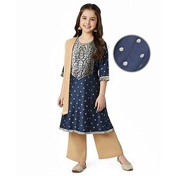 Pine Kids Woven Three Fourth Sleeves Glitter Printed Kurti Salwar Set with Dupatta & Embroidery - Navy Blue