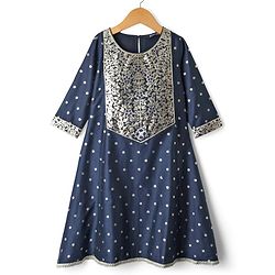 Pine Kids Woven Three Fourth Sleeves Glitter Printed Kurti Salwar Set with Dupatta & Embroidery - Navy Blue