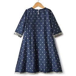 Pine Kids Woven Three Fourth Sleeves Glitter Printed Kurti Salwar Set with Dupatta & Embroidery - Navy Blue