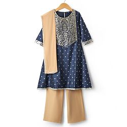 Pine Kids Woven Three Fourth Sleeves Glitter Printed Kurti Salwar Set with Dupatta & Embroidery - Navy Blue