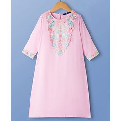 Pine Kids Woven Three Fourth Sleeves Kurta Churidar & Dupatta Set With Floral Embriodery - Lilac