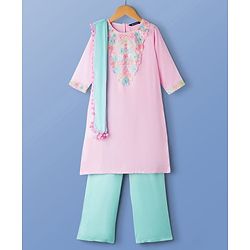 Pine Kids Woven Three Fourth Sleeves Kurta Churidar & Dupatta Set With Floral Embriodery - Lilac