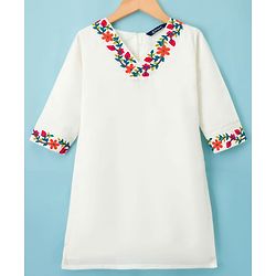 Pine Kids Woven Three Fourth Sleeves Floral Embroidered Kurti & Salwar Set with Dupatta - White & Red