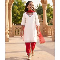Pine Kids Woven Three Fourth Sleeves Floral Embroidered Kurti & Salwar Set with Dupatta - White & Red