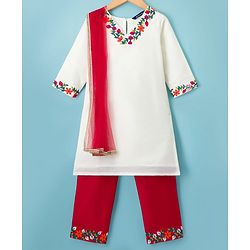 Pine Kids Woven Three Fourth Sleeves Floral Embroidered Kurti & Salwar Set with Dupatta - White & Red