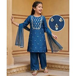 Pine Kids Woven Three Fourth Sleeves Kurti Chudidar Set with Dupatta & Floral Embroidery & Sequin Detailing - Navy Blue