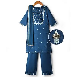Pine Kids Woven Three Fourth Sleeves Kurti Chudidar Set with Dupatta & Floral Embroidery & Sequin Detailing - Navy Blue