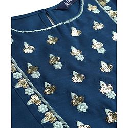 Pine Kids Woven Three Fourth Sleeves Kurti Chudidar Set with Dupatta & Floral Embroidery & Sequin Detailing - Navy Blue