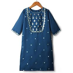 Pine Kids Woven Three Fourth Sleeves Kurti Chudidar Set with Dupatta & Floral Embroidery & Sequin Detailing - Navy Blue