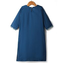 Pine Kids Woven Three Fourth Sleeves Kurti Chudidar Set with Dupatta & Floral Embroidery & Sequin Detailing - Navy Blue