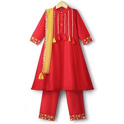 Pine Kids Woven Three Fourth Sleeves Kurta Churidar & Dupatta Set With Embriodery - Red