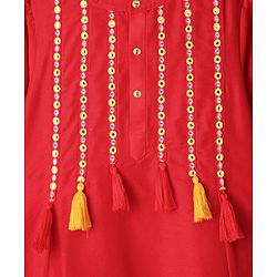 Pine Kids Woven Three Fourth Sleeves Kurta Churidar & Dupatta Set With Embriodery - Red