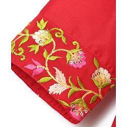 Pine Kids Woven Three Fourth Sleeves Kurta Churidar & Dupatta Set With Embriodery - Red